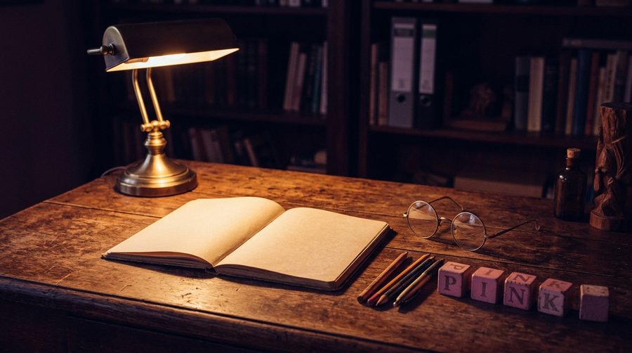 Meja kayu tua dengan buku catatan, kacamata, dan balok huruf yang dieja satu per satu di bawah cahaya lampu hangat