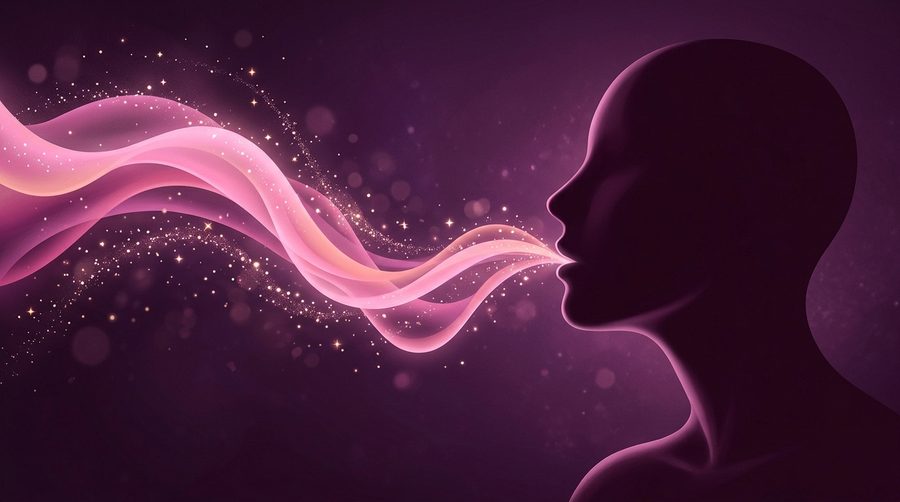 Ilustrasi siluet kepala manusia dengan gelombang suara halus berwarna merona muda mengalir keluar dari mulutnya
